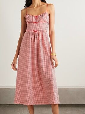Doen Belline red bow-detailed gingham recycled-seersucker midi dress size M NWOT